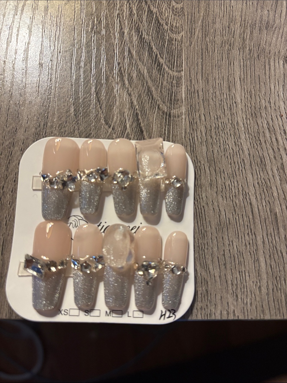 Nude and Silver Glitter Rhinestone Press-On Nail Set
